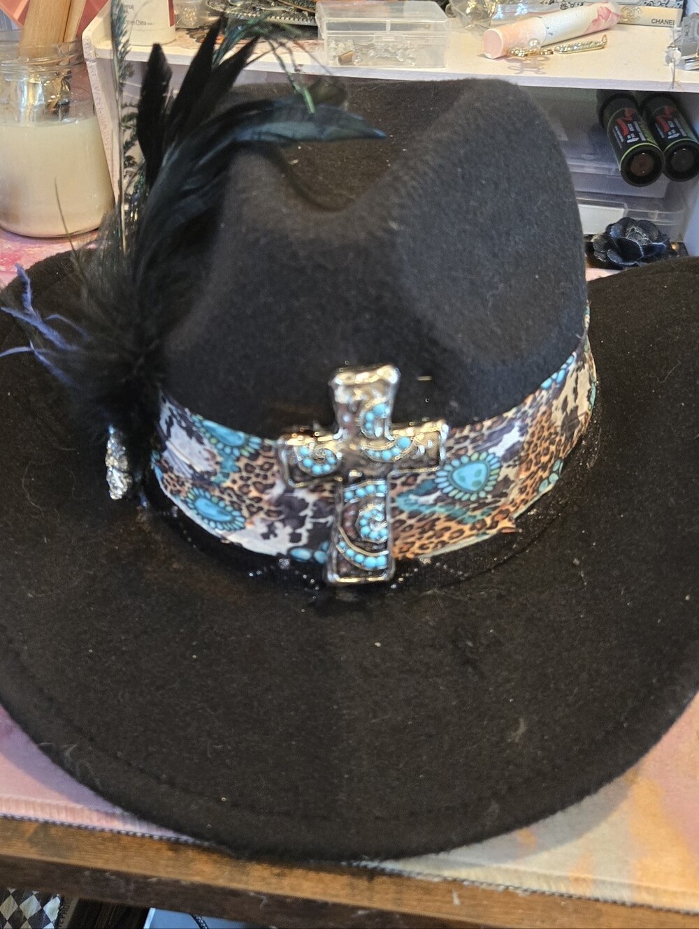 Black Felt Western Hat with Turquoise-Accent Band and Feather